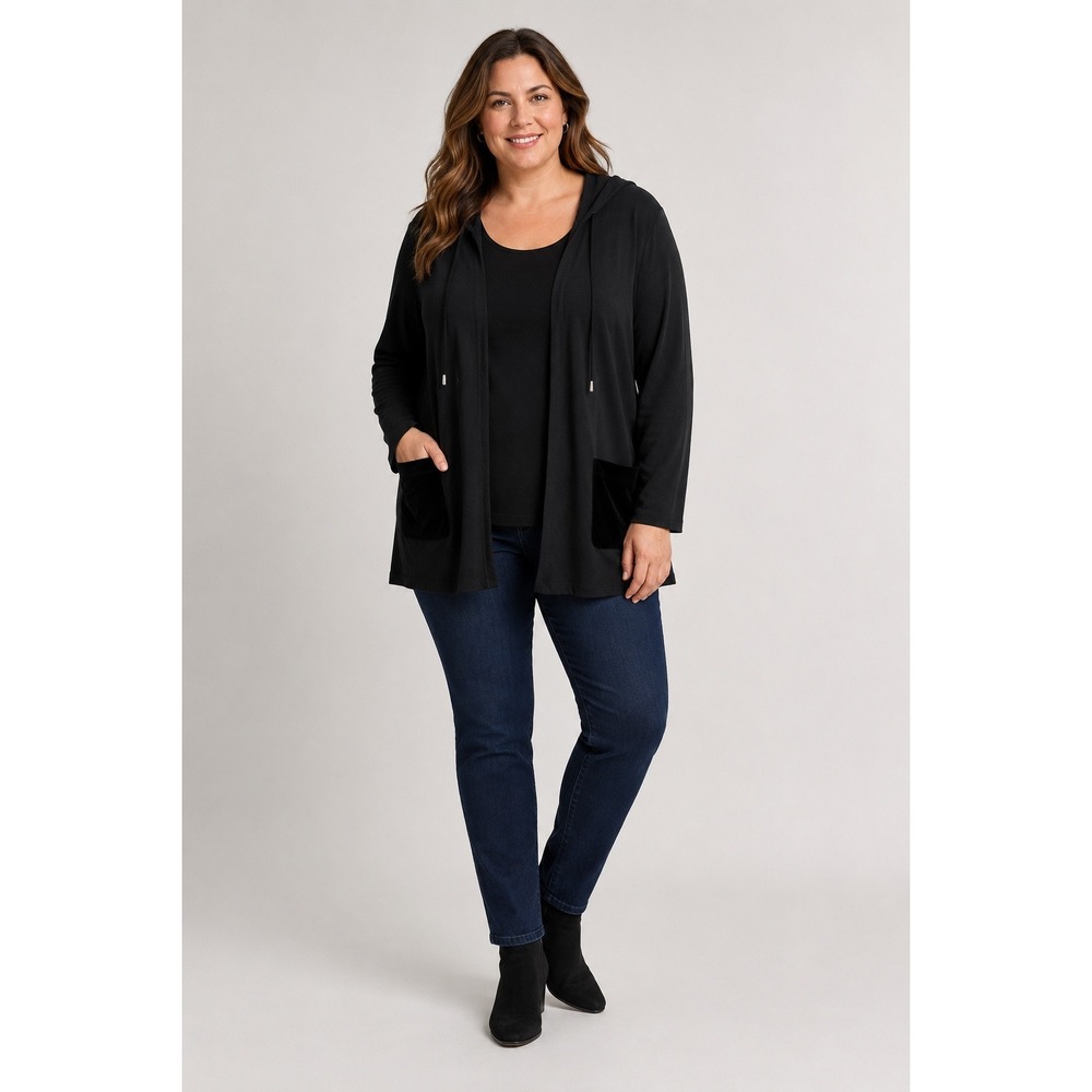 Susan Graver Weekend Cardigan Women Medium Black Hooded Velvet Pocket Open Front